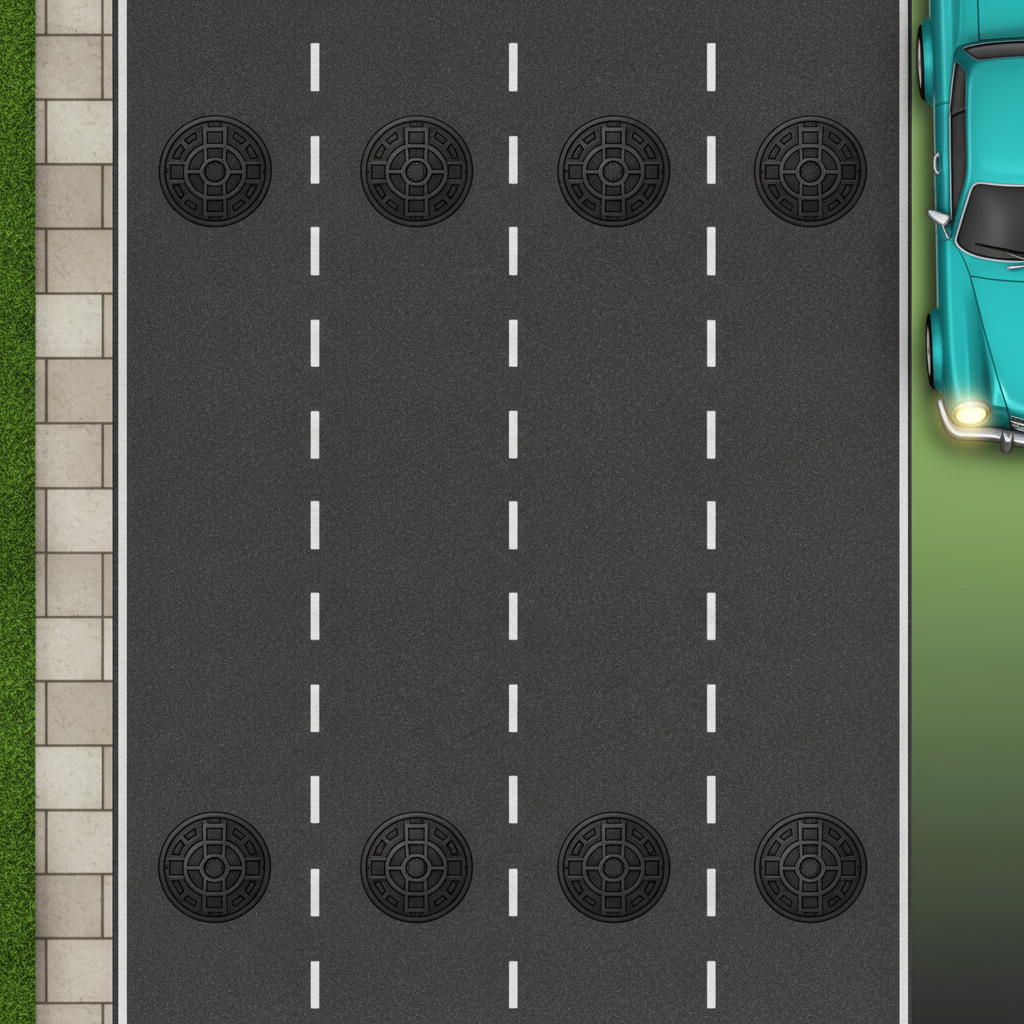 Vue de la route à 6 voies de Chicken Road 2 avec marquages blancs et plaques d'égout multiplicateurs